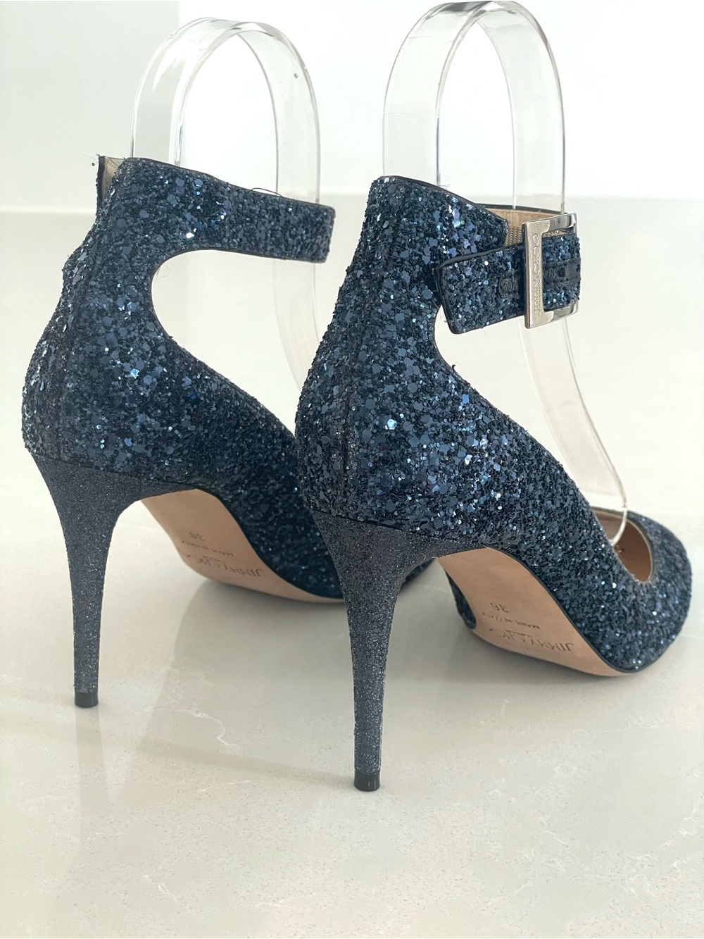 Jimmy Choo Helena Navy Blue Glitter Pumps Ankle-Strap Stilettos Heels Size EU 36
